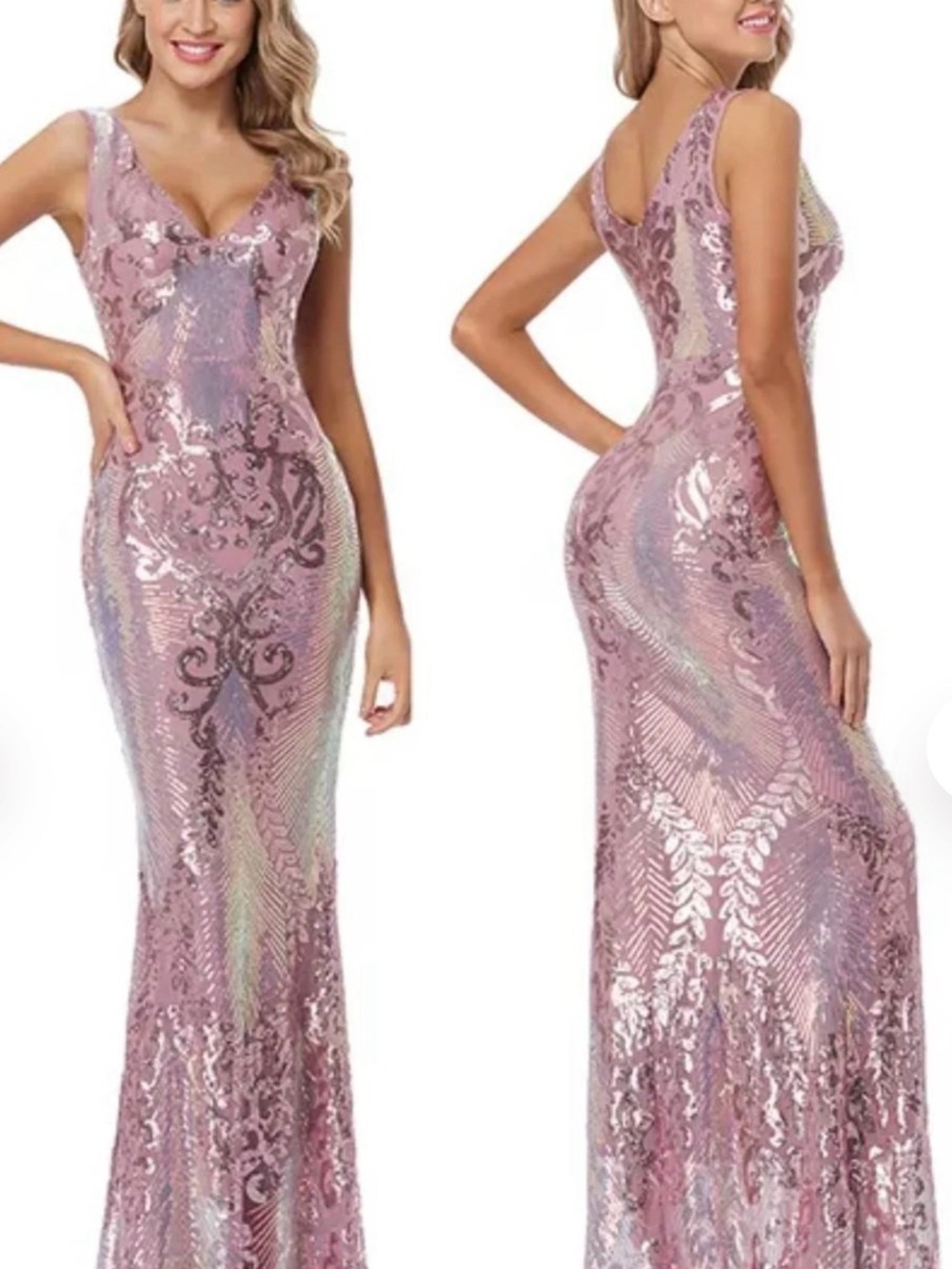 Rose Pink Sequin V-Neck Maxi Evening Gown Sz M NWOT